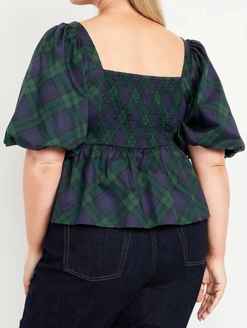 XL • Old Navy • Green and Navy Plaid Puff-Sleeve Peplum Top - Picture 3 of 4